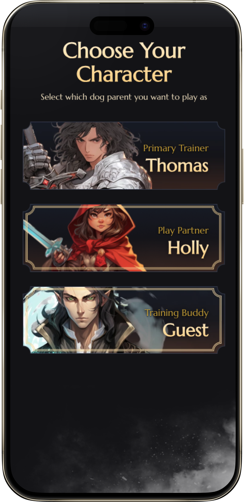 Character selection screen showing different dog breeds to choose from