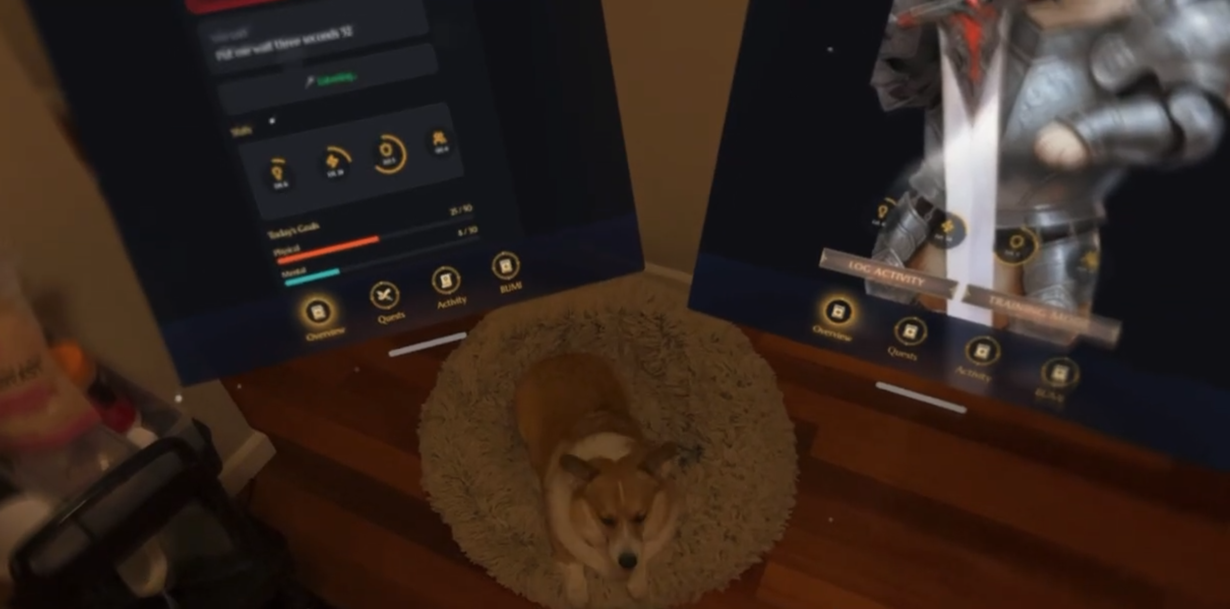 Vision Pro HUD showing real-time training stats, daily goals, and activity feed during a live training session